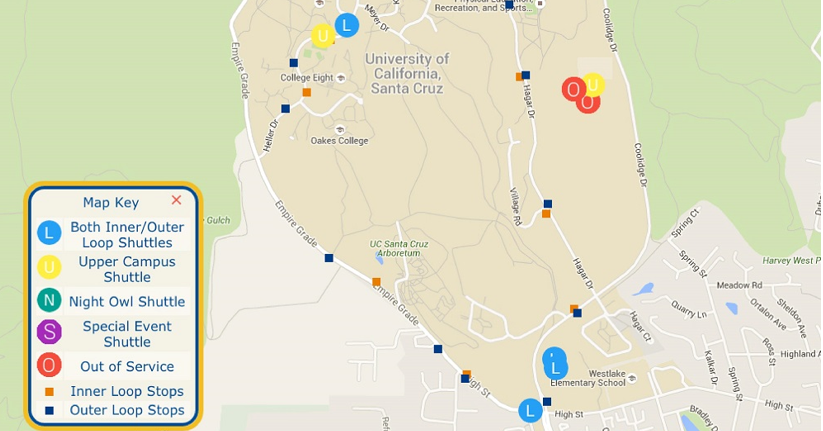 Map of UC Santa Cruz with SlugRoute App