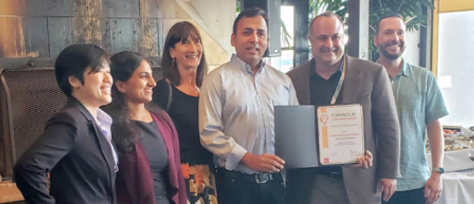  Pictured from left: Members of the SIS eForms team Chara Bui; Deepthika Nallaparaju; Jane Valentine; Rahul Shrivastava; Paco Aubrejuan, SVP, Oracle Application; and Ross Stivison.