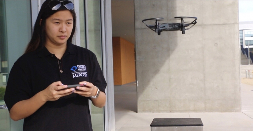 Ivy Nguyen, a computer science and engineering major, pilots a drone as part of CITRIS' women in tech initiative