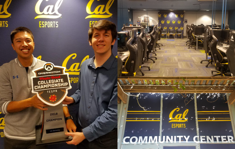Three photo collage: first photo of Kirk Robles holding a Cal Esports trophy, second photo of outside the Cal Esports Community Center, third photo of inside the Cal Esports Community Center