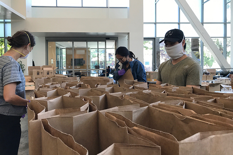 At Crossroads Dining Hall, volunteers packed grocery bags on April 21 for needy members of the campus community. The bags were taken to pick-up sites around UC Berkeley and also delivered to students who couldn’t leave their homes. (Photo by Natalia Gillis Semeraro)