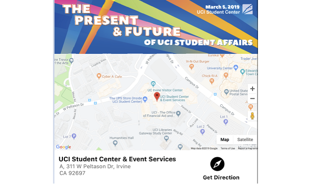 A map showing the location of the UCI Student Center & Event Services