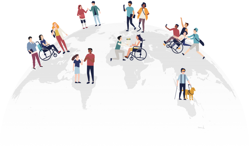 A globe with various people with disabilities standing on it, in various locations