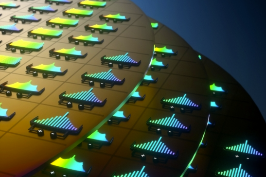 Artist's concept illustration of electrically controlled optical frequency combs at wafer scale