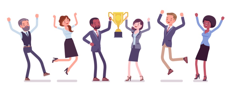Cartoon happy people holding up a trophy