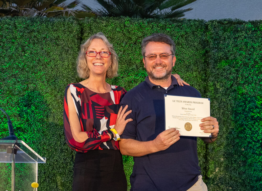 UC Irvine "Future of Work" Team: Winning Silver for the inaugural IT Security Award - Kian Colestock (right), Associate Vice Chancellor and Chief Information Officer, Office of Information Technology (OIT) with Jenn Stringer, CIO UC Santa Cruz (left) at the 2022 UC Tech Awards