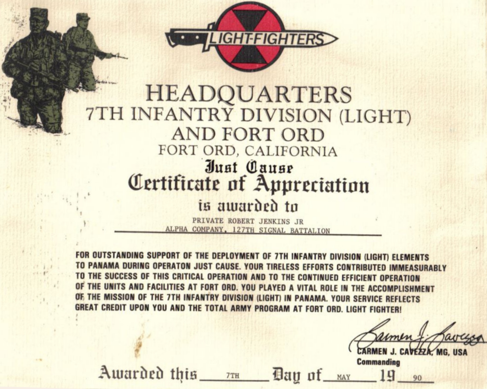 Rico Jenkins Military Certificate of Appreciation