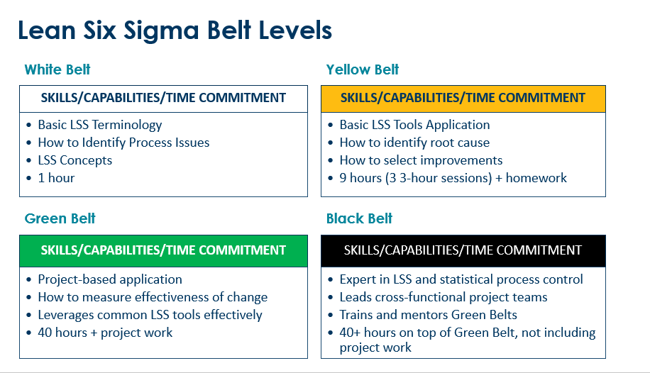 Description of the four colored Lean Six Sigma belt options on the UC Santa Barbara Lean Six Sigma website.