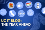 "uc it blog: the year ahead" with icons relating to IT and holidays