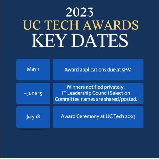 2023 UC Tech Awards KEY DATES: May 1 - applications due, ~June 15 awards announced to winner privately; July 18 awards announced pubically at UC Tech Conference