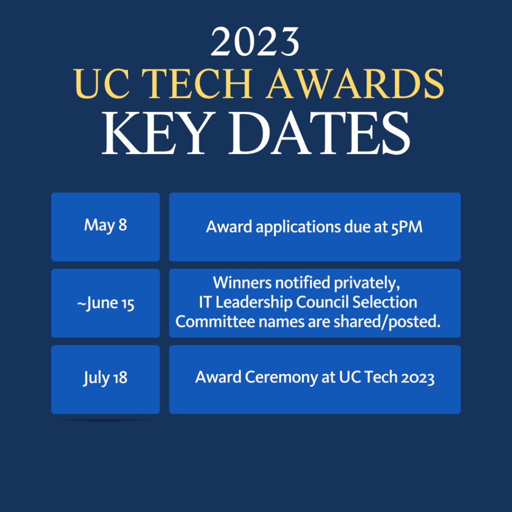 Calendar with upcoming UC Tech Awards dates