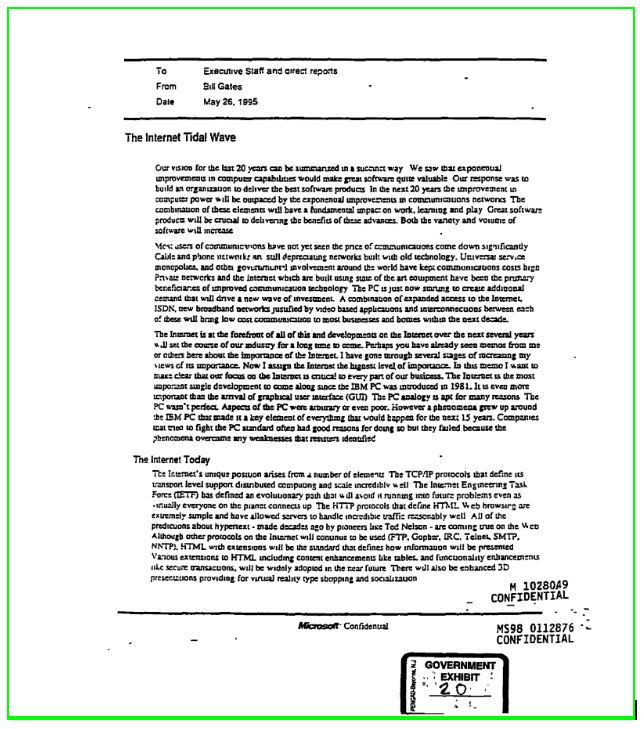 Typed memo by Bill Gates telling Microsoft employees of the importance of the Internet. It is marked "confidential"