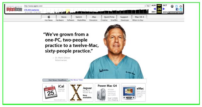 Apple Ad from the Apple archives displaying a visual of a man, a veterinarian, who says "We've grown from a one-PC, two-people practice to a 12-Mac, 60-people practice."