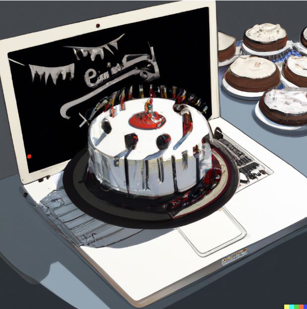 Computer and b-day cake
