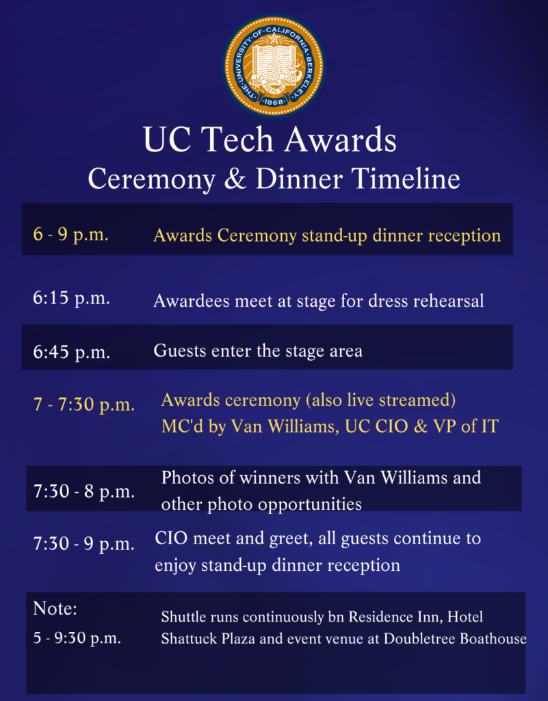 Awards Ceremony & Dinner Timeline 6-9 dinner, 7-7:30 awards ceremony (also live-streamed), 7:30-8 photos, 7:30-9 dinner reception, buses run continuously b/n Residence Inn, Hotel Shattuck Plaza and event venue at Doubletree Boathouse