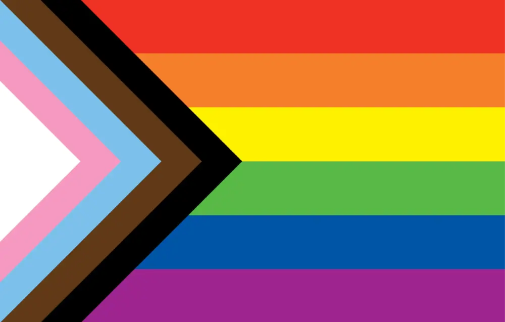 The Progress Pride Flag: The rainborw colors with the updated angled lines on the left (including brown and black) celebrates the diversity of the LGBTQIA+ community and calls for a more inclusive society