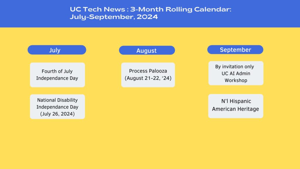 July - Sept 2024 content calendar, with all events listed below. The UC Tech News team prioritizes sharing views from the community on technial advances and what you find meaningful in your career and life. Mark your calendars, stay current keep generating the news, events and jobs that keep the UC Tech Community strong.