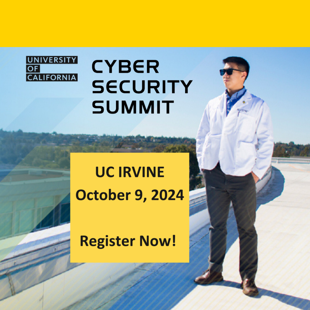 Man in lab coat - UC Cyber Security Summit banner with logo and date