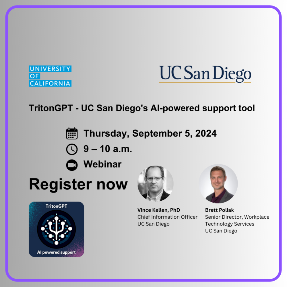 TritonGPT - UC San Diego's AI-powered support tool on Thursday 9/5, from 9-10 a.m. Register now